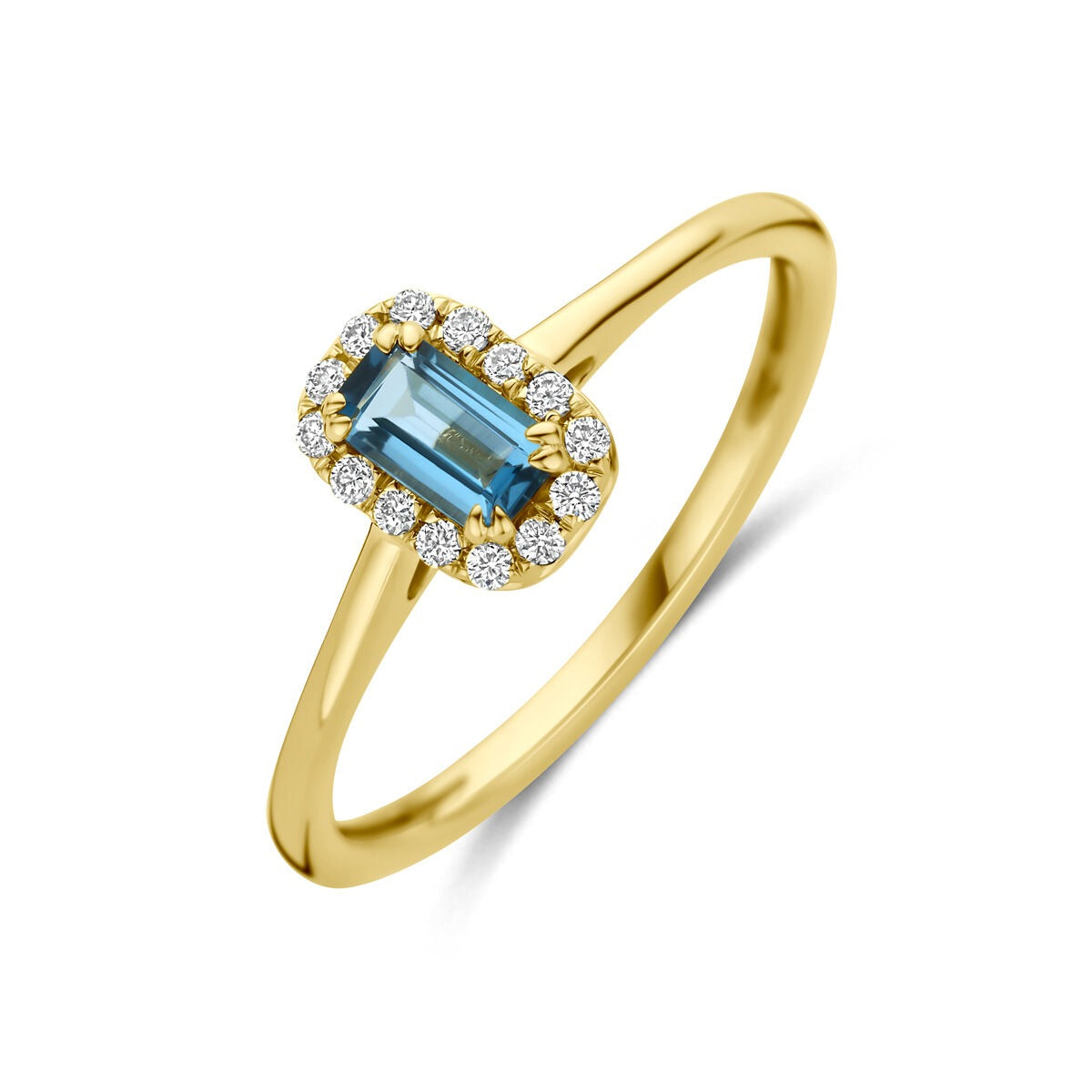 Geelgouden entourage ring met een rechthoekige London blue topaas omringd door lab grown diamanten.