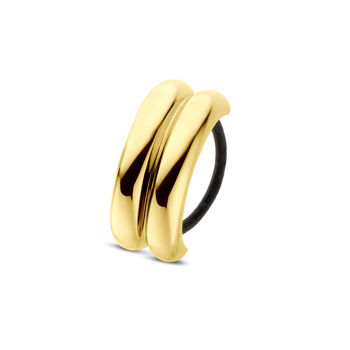 Stalen hair cuff met gouden ion plating, 76 mm, met een gladde, glanzende afwerking en een zwarte elastische band.