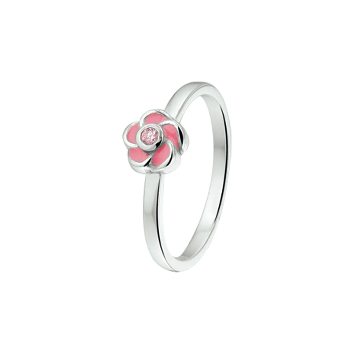 Zilveren ring met bloemontwerp, roze emaille en een centrale roze zirkonia.