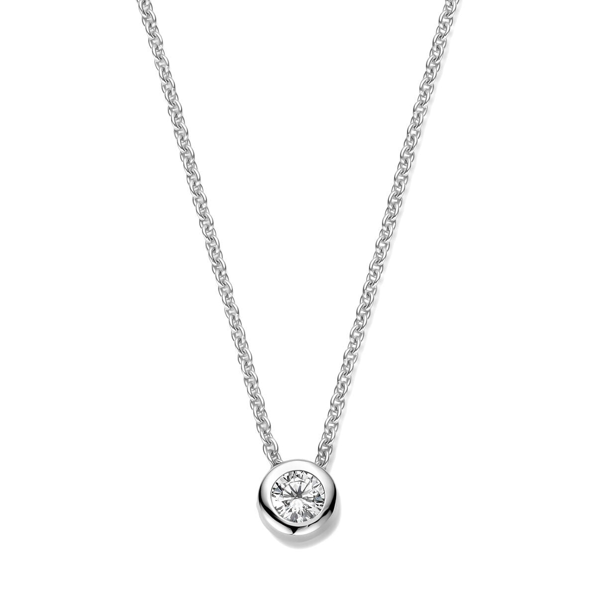Zilveren collier van gerhodineerd 925 zilver met een ronde hanger en zirkonia-steentje.