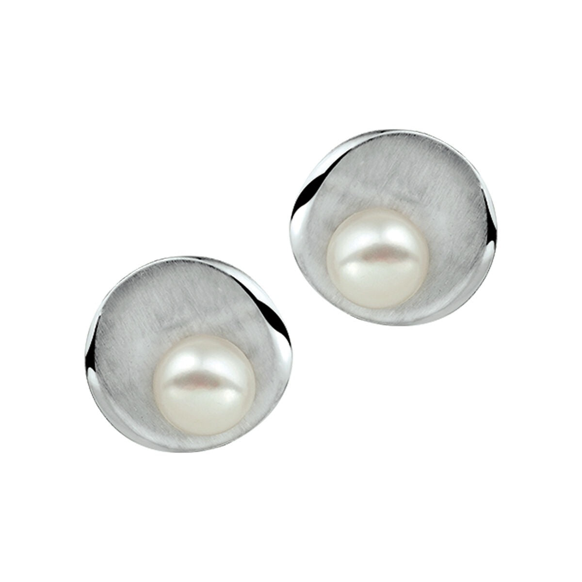 Oorknoppen van gerhodineerd zilver met een matte afwerking en een parel in het midden.
