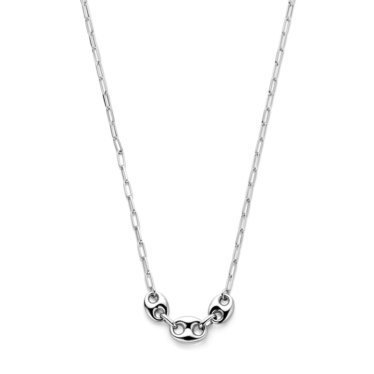 Zilveren collier met koffieboon schakels, gerhodineerd met een verfijnd design.