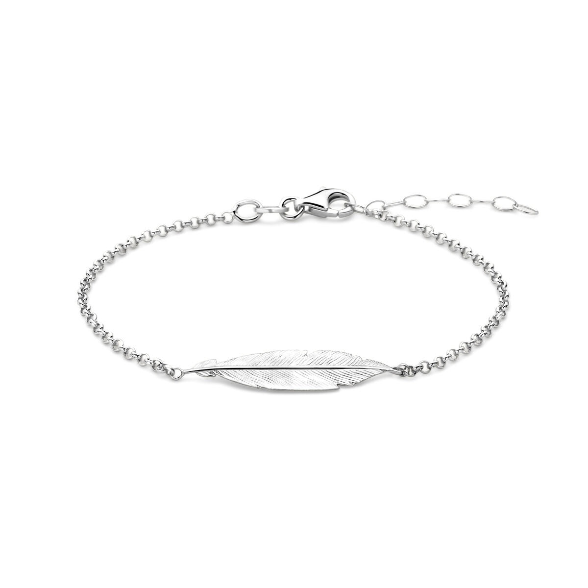 Zilveren armband van gerhodineerd 925 zilver met een veervormig detail en een fijne schakelketting.