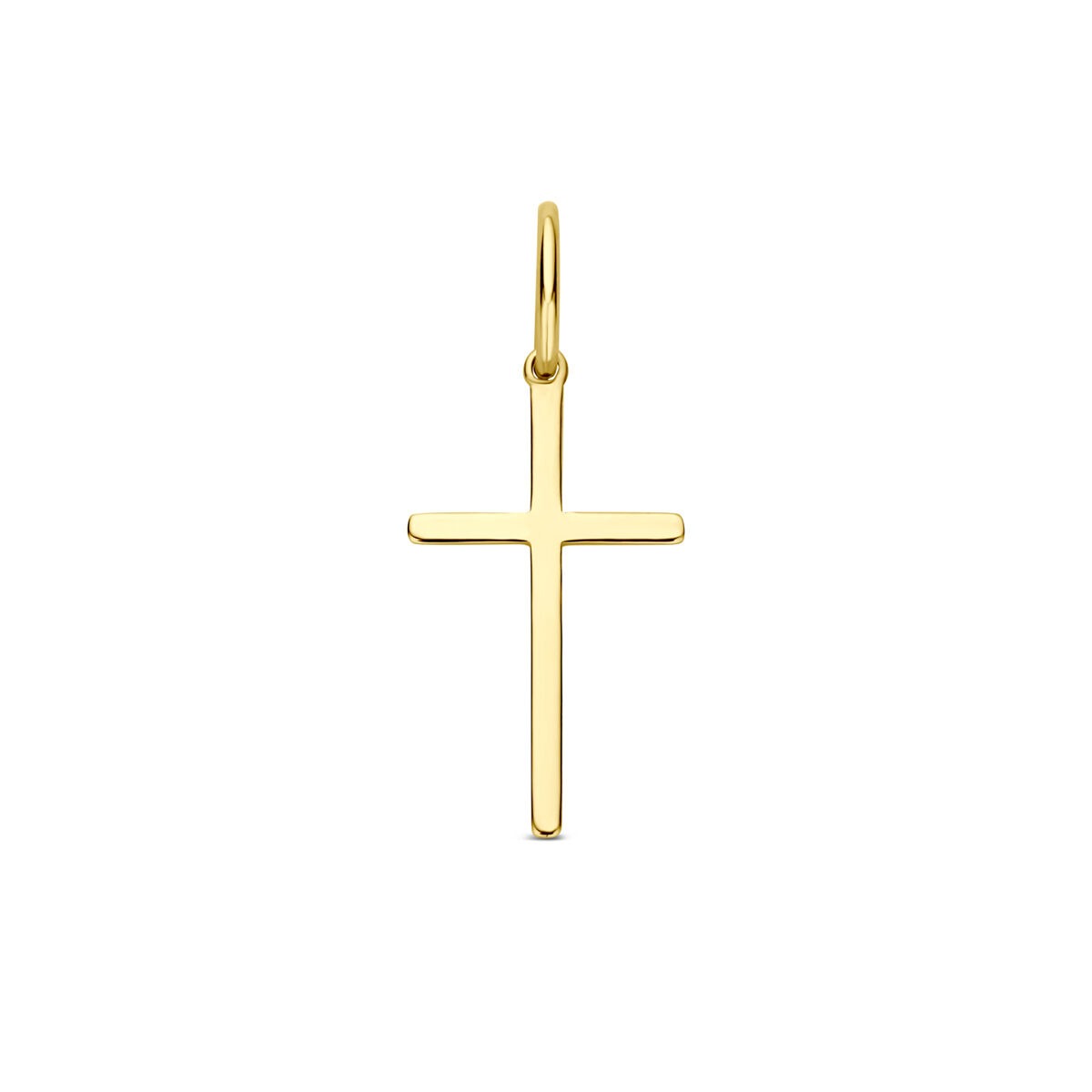 Geelgouden hanger in de vorm van een eenvoudig kruis met een gladde afwerking.