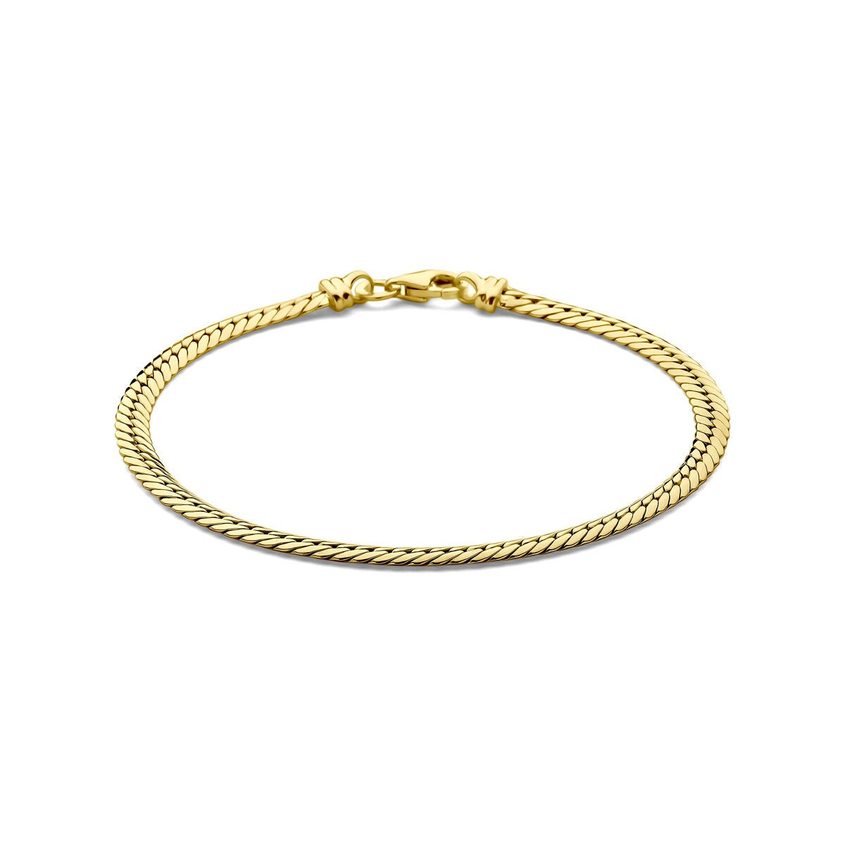 Geelgouden gourmette armband met een verfijnde schakelstructuur en een stevige sluiting.