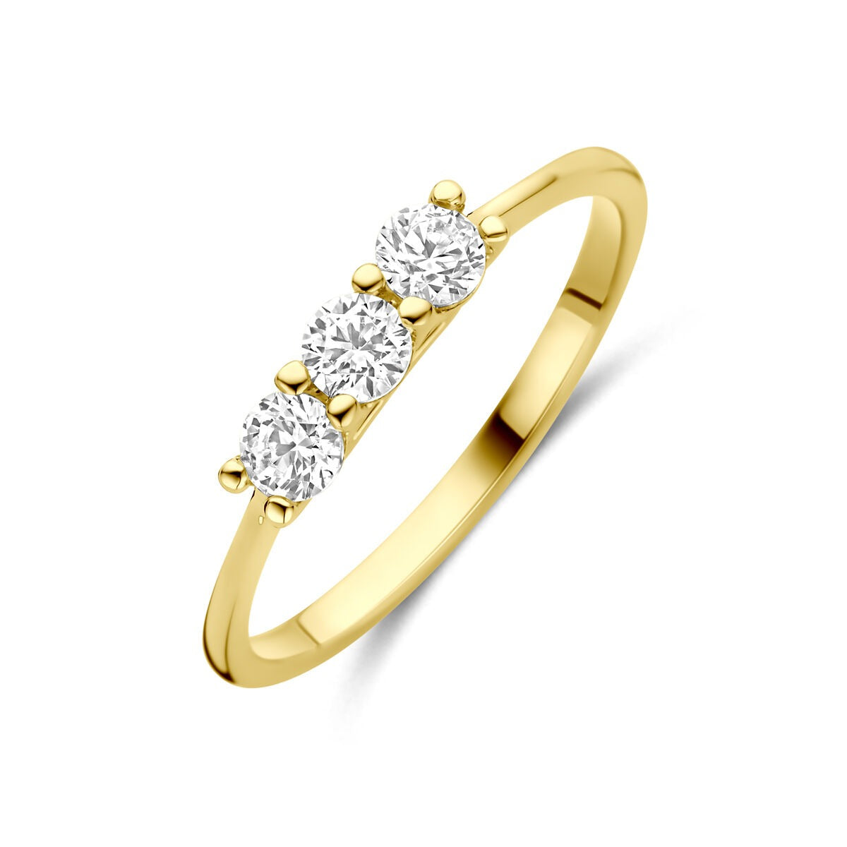 Gouden damesring van 14k geelgoud met drie ronde zirkonia's in een eenvoudige setting.