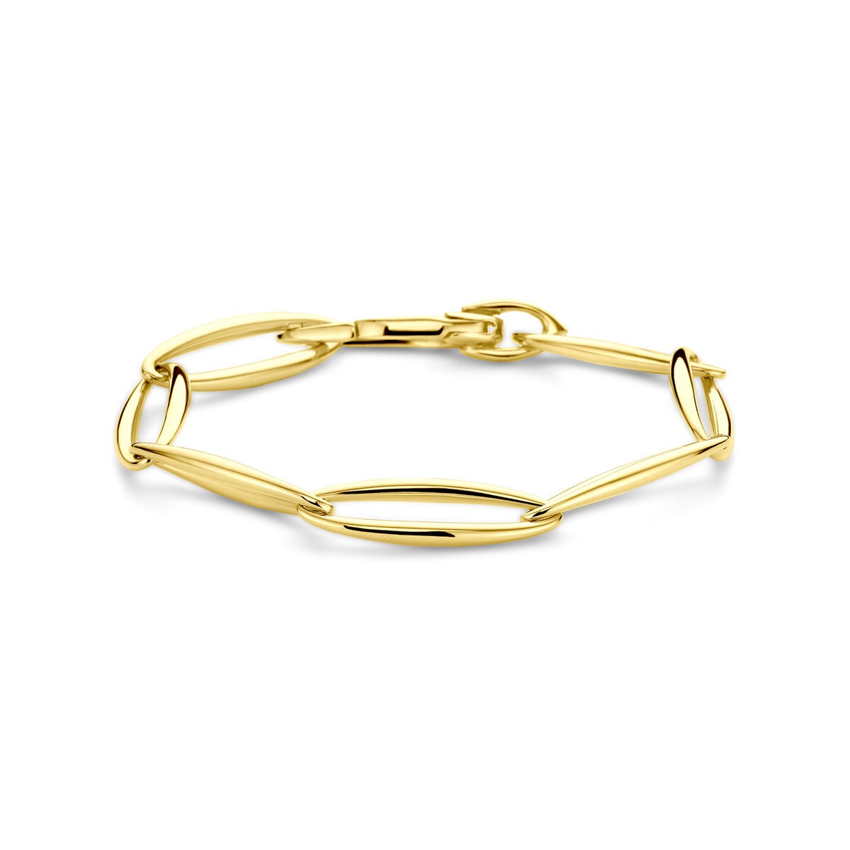 Geelgouden schakelarmband voor dames, 9,5 mm breed en 20 cm lang.