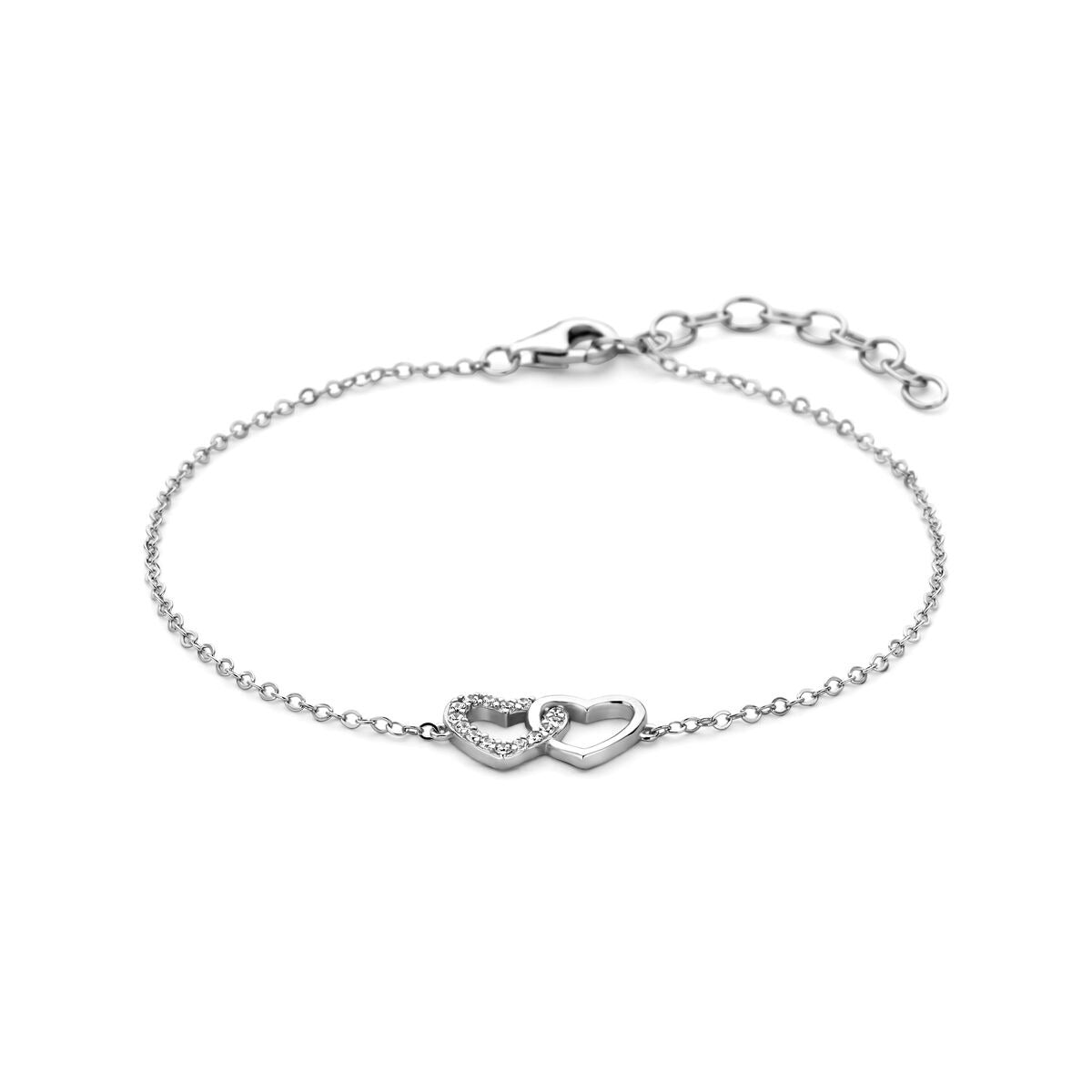 Zilveren gerhodineerde armband met hartjes en zirkonia, fijne schakelketting met verlengketting.