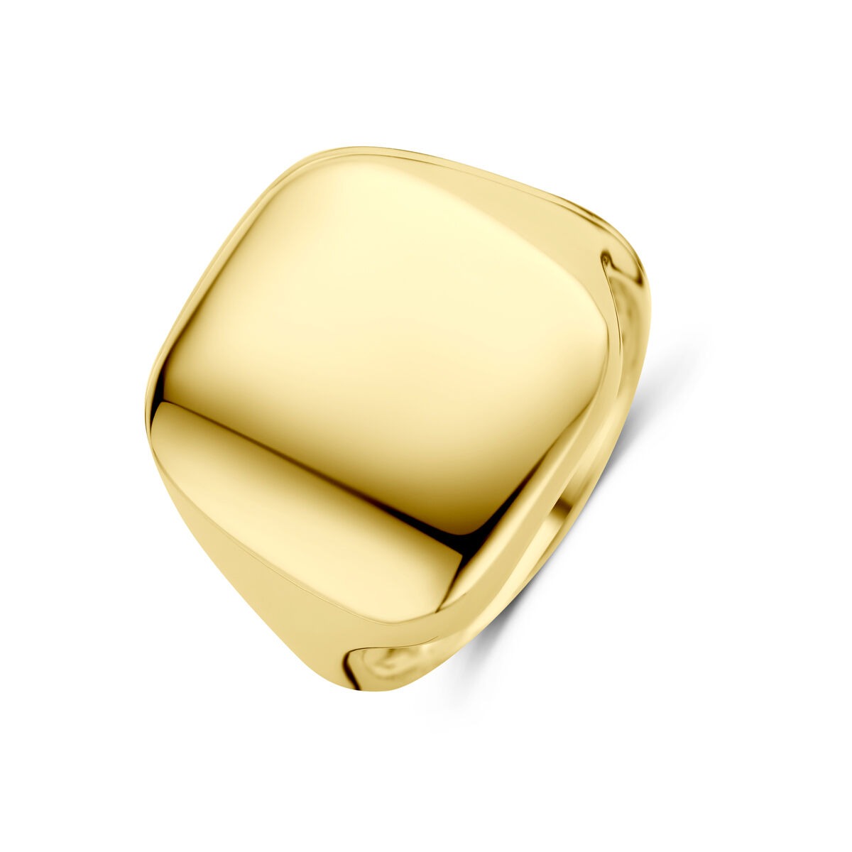 Geelgouden ring met een gladde, afgeronde bovenkant en een moderne, strakke vorm.
