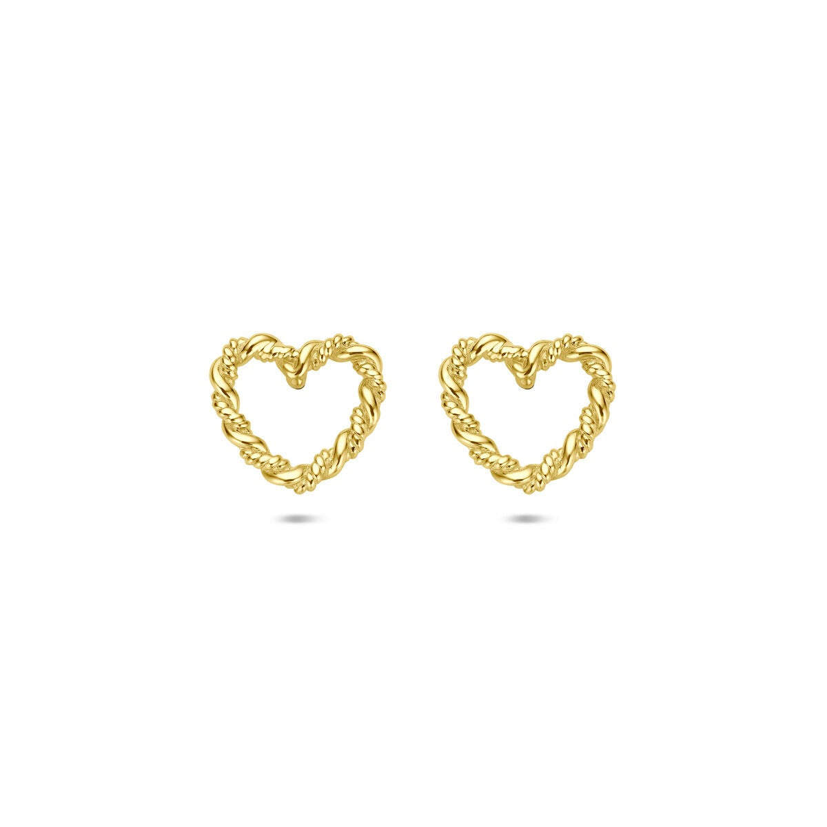 Geelgouden hartjes oorknoppen met een gedraaide structuur, symbool van liefde.