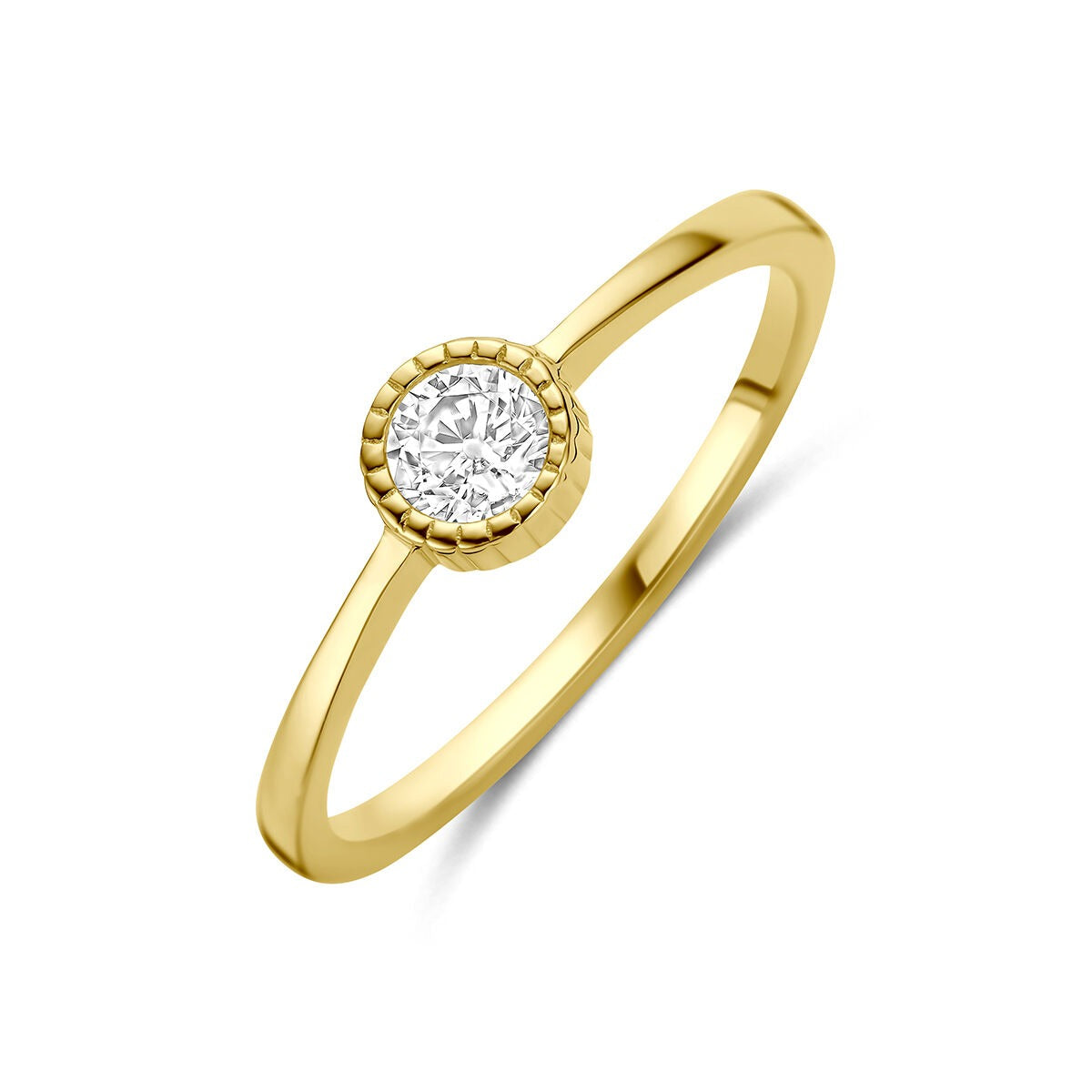 Geelgouden ring met een ronde zirkonia in een verfijnde zetting.