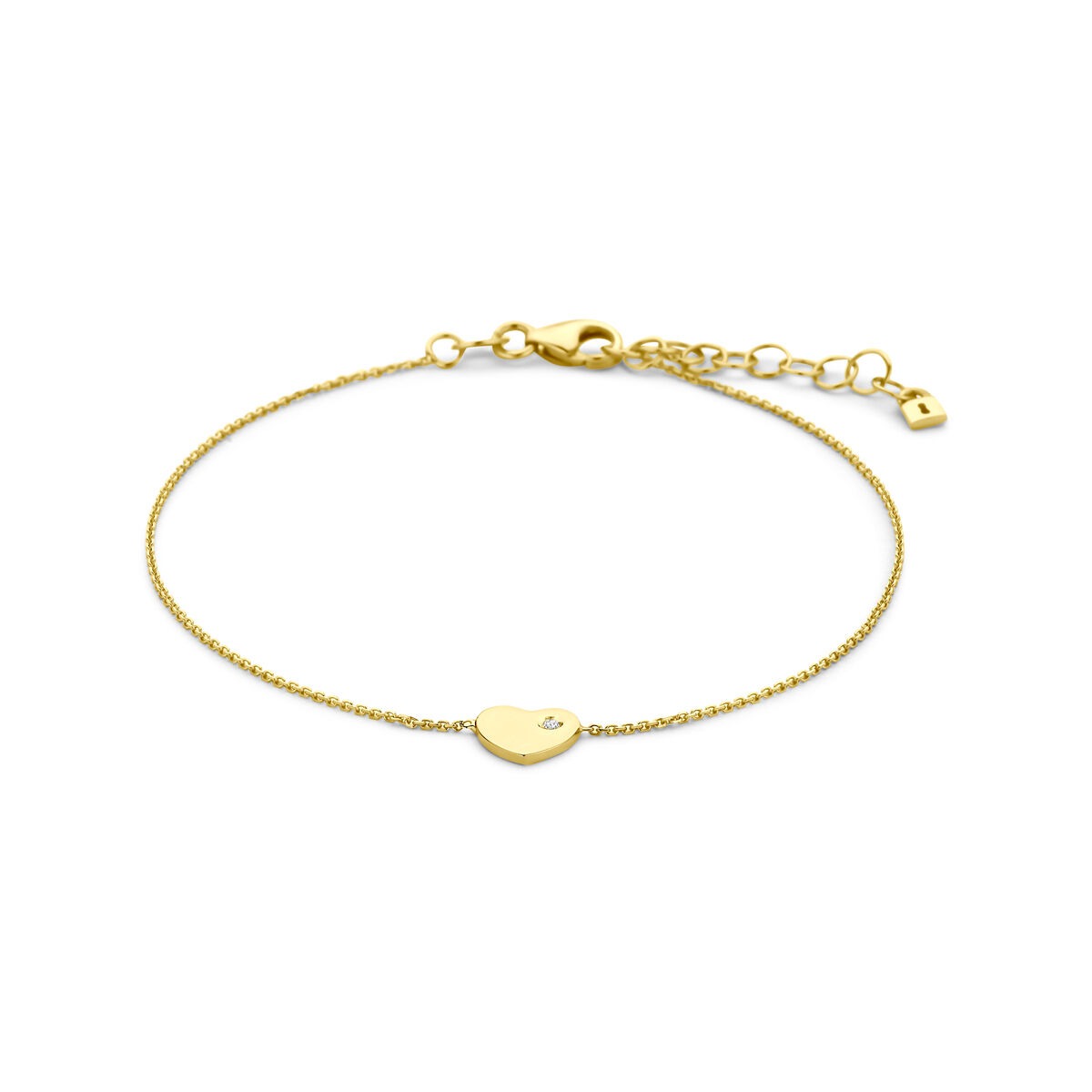 Geelgouden armband met een hartje en een zirkonia, fijne schakelketting met verstelbare sluiting.