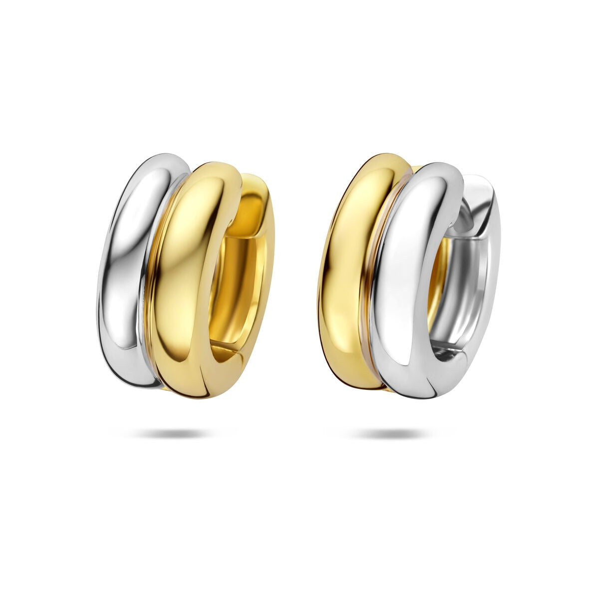 Vergulde en gerhodineerde 925 zilveren klapoorringen met een dubbele, golvende vorm in goud en zilver.