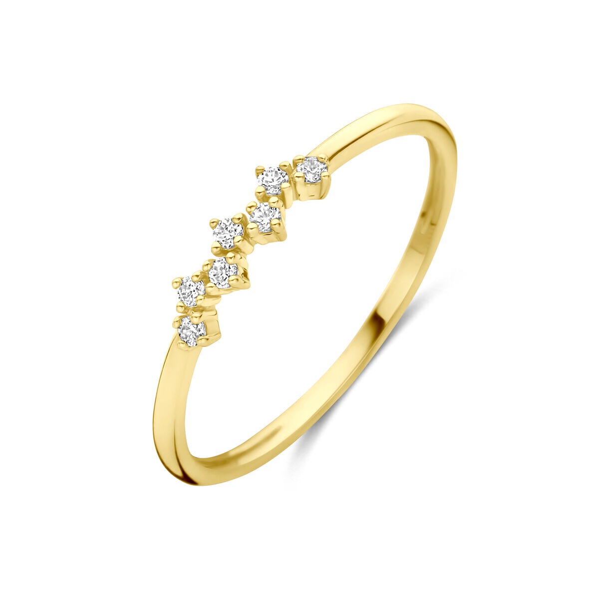 Geelgouden ring met vijf zirkonia's in een entourage-ontwerp.