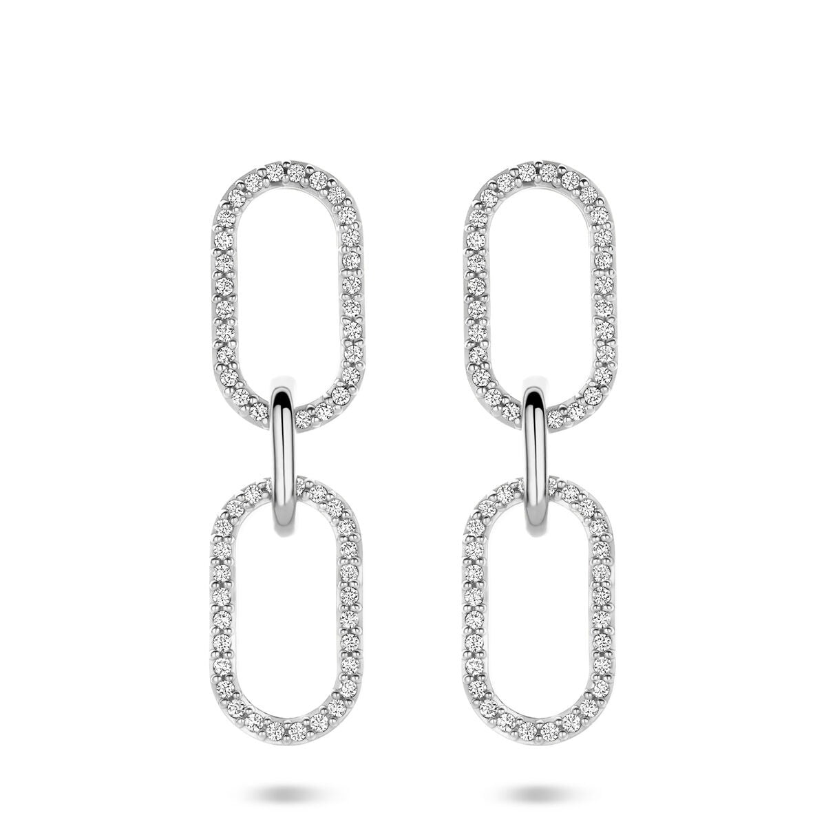 Zilveren oorhangers met zirkonia, bestaande uit twee ovalen schakels, 33 mm lang.