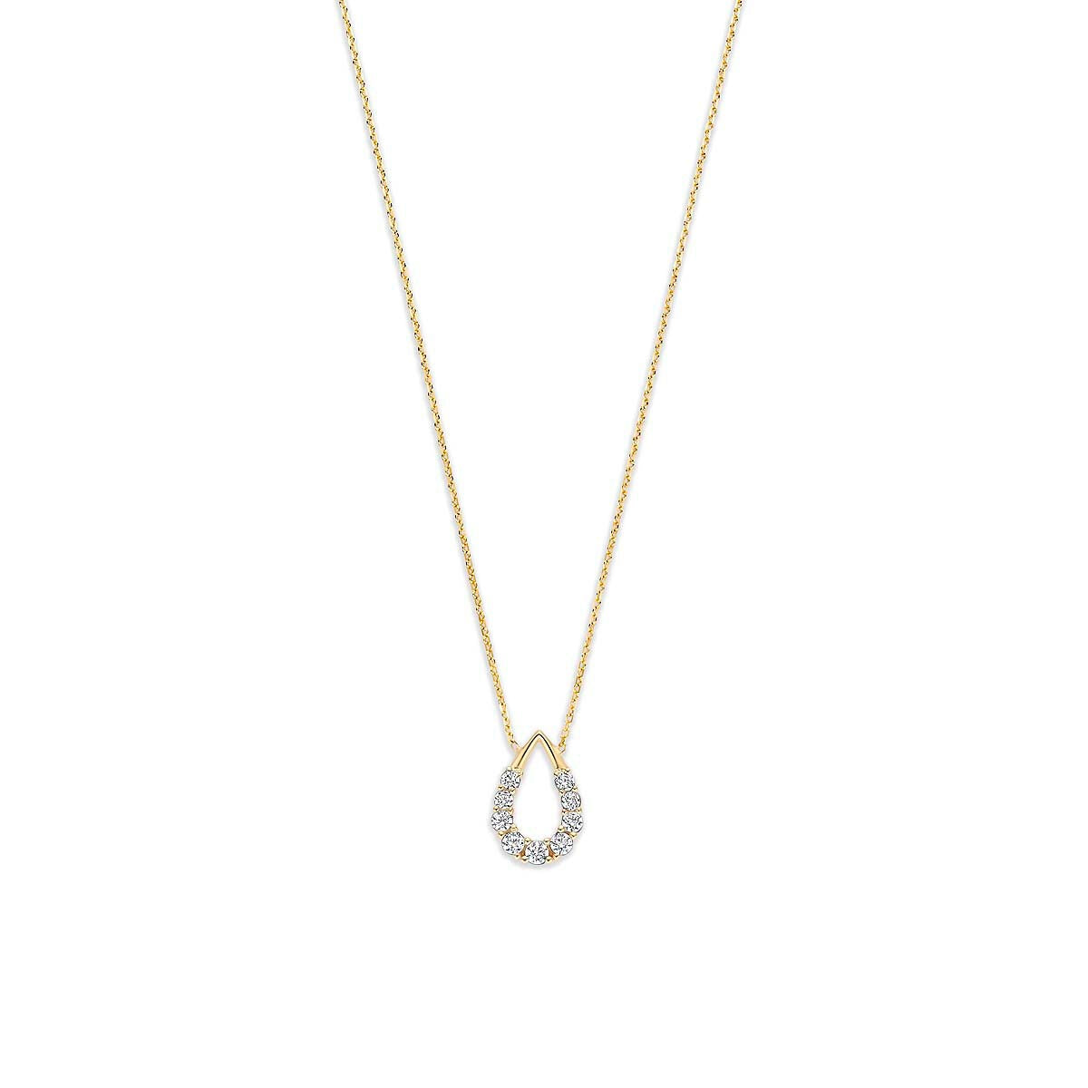 Geelgouden collier met een druppelvormige hanger bezet met zirkonia.