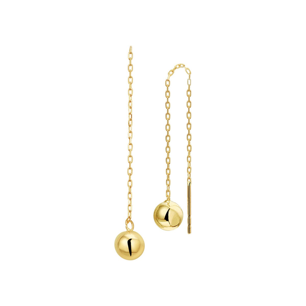 Geelgouden doortrekoorbellen met bolvormige hangers en een fijne schakelketting.