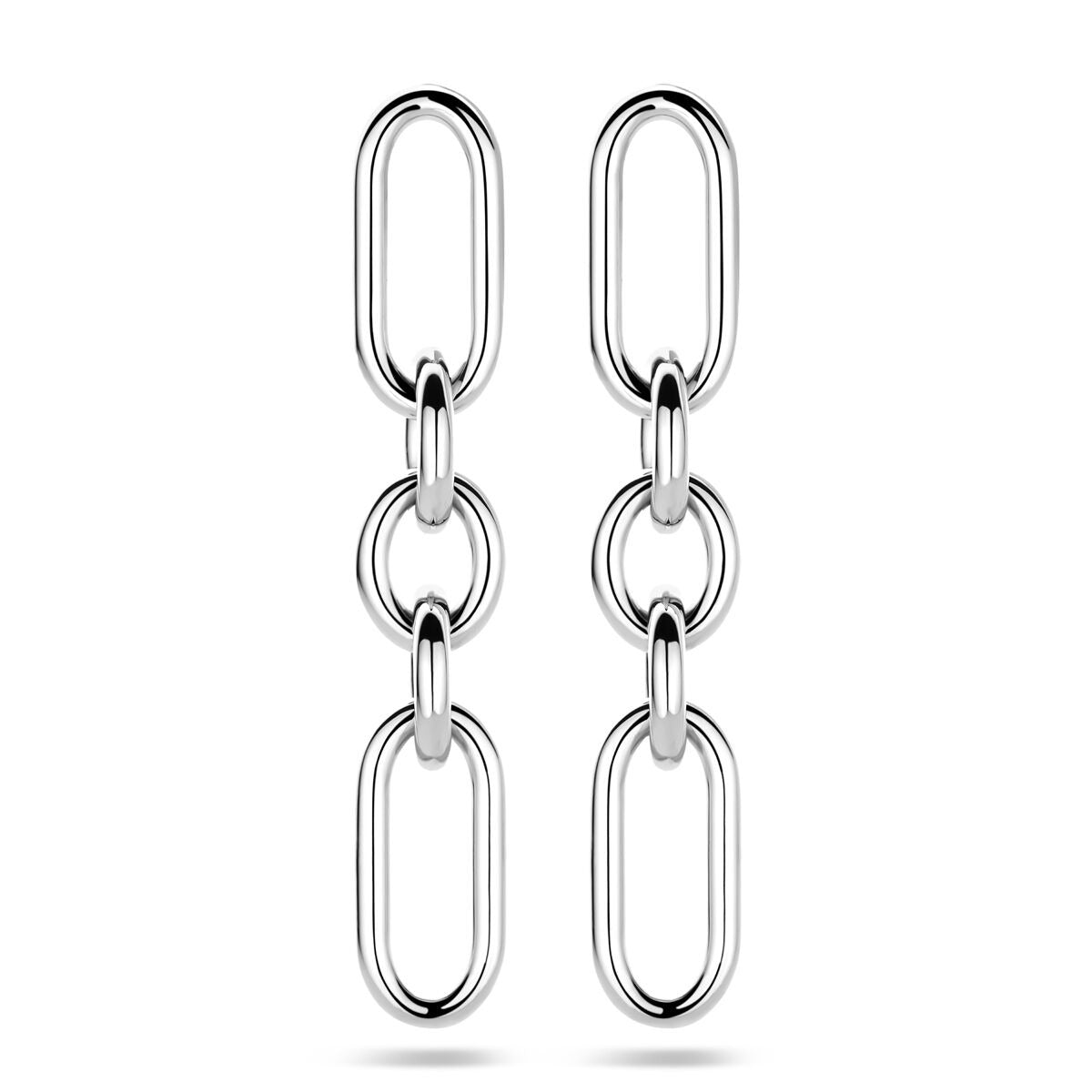 Zilveren gerhodineerde oorhangers met schakels, 48 mm hoog, in een moderne, langwerpige vorm.