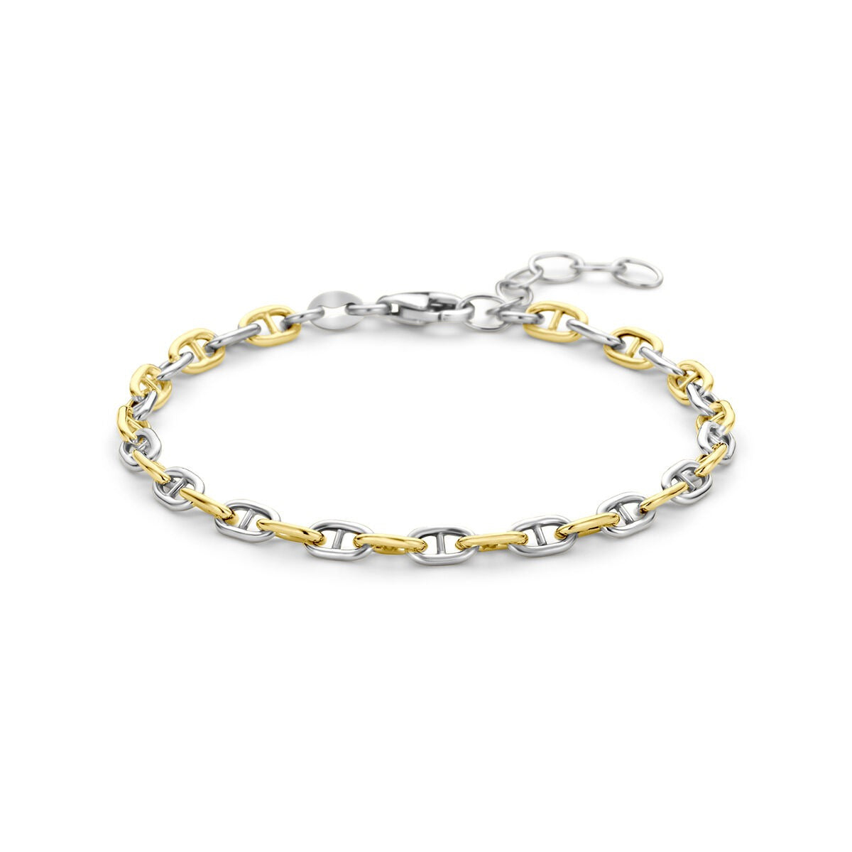 Vergulde en gerhodineerde 925 zilveren armband met schakels in goud en zilver.