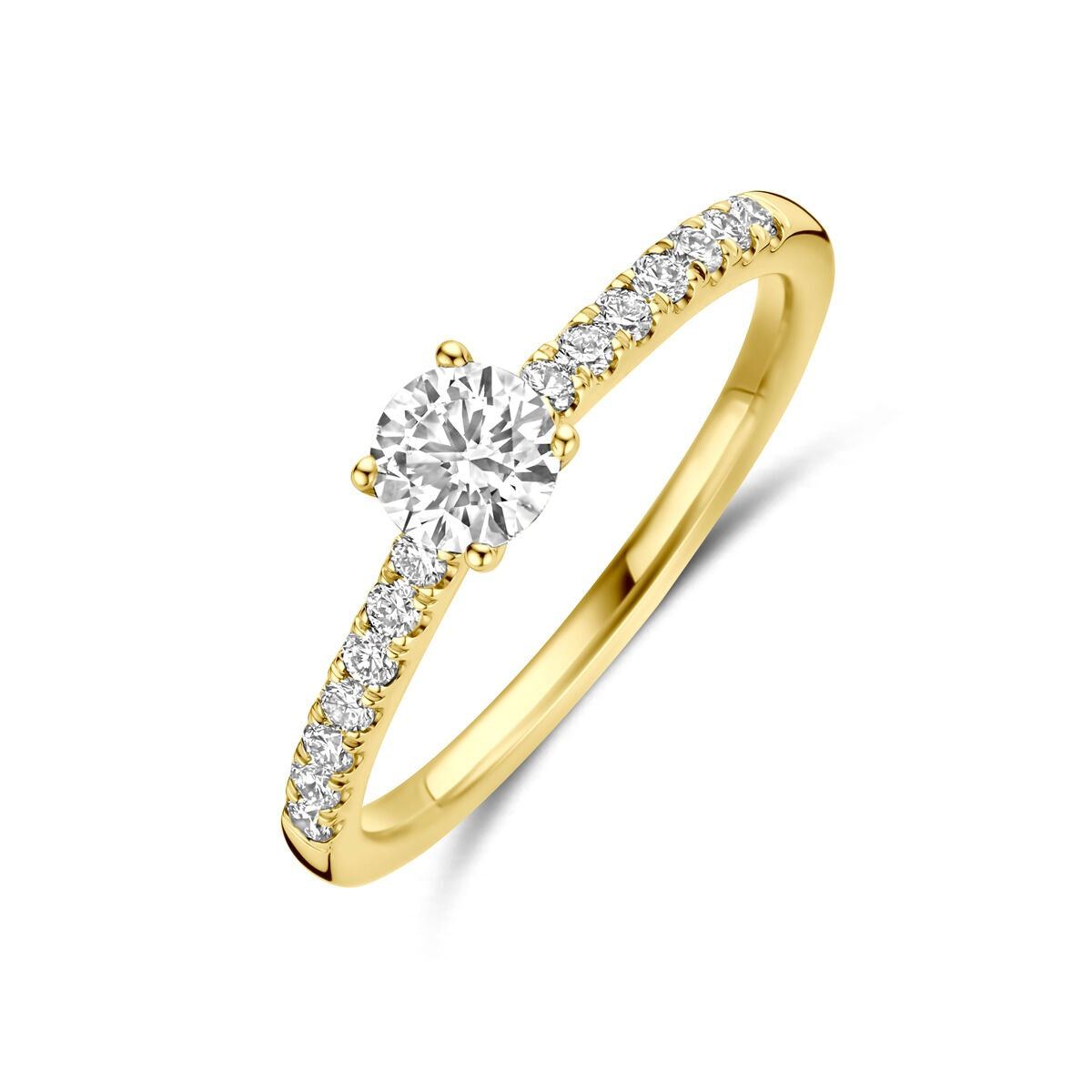 Gouden ring van 14k met een lab-grown diamant in briljant slijpvorm en kleine diamanten aan de zijkanten.