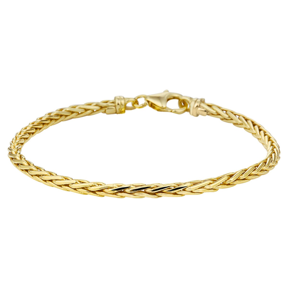Geelgouden vossestaart armband met een zilveren kern, gevlochten ontwerp en een karabijnsluiting.