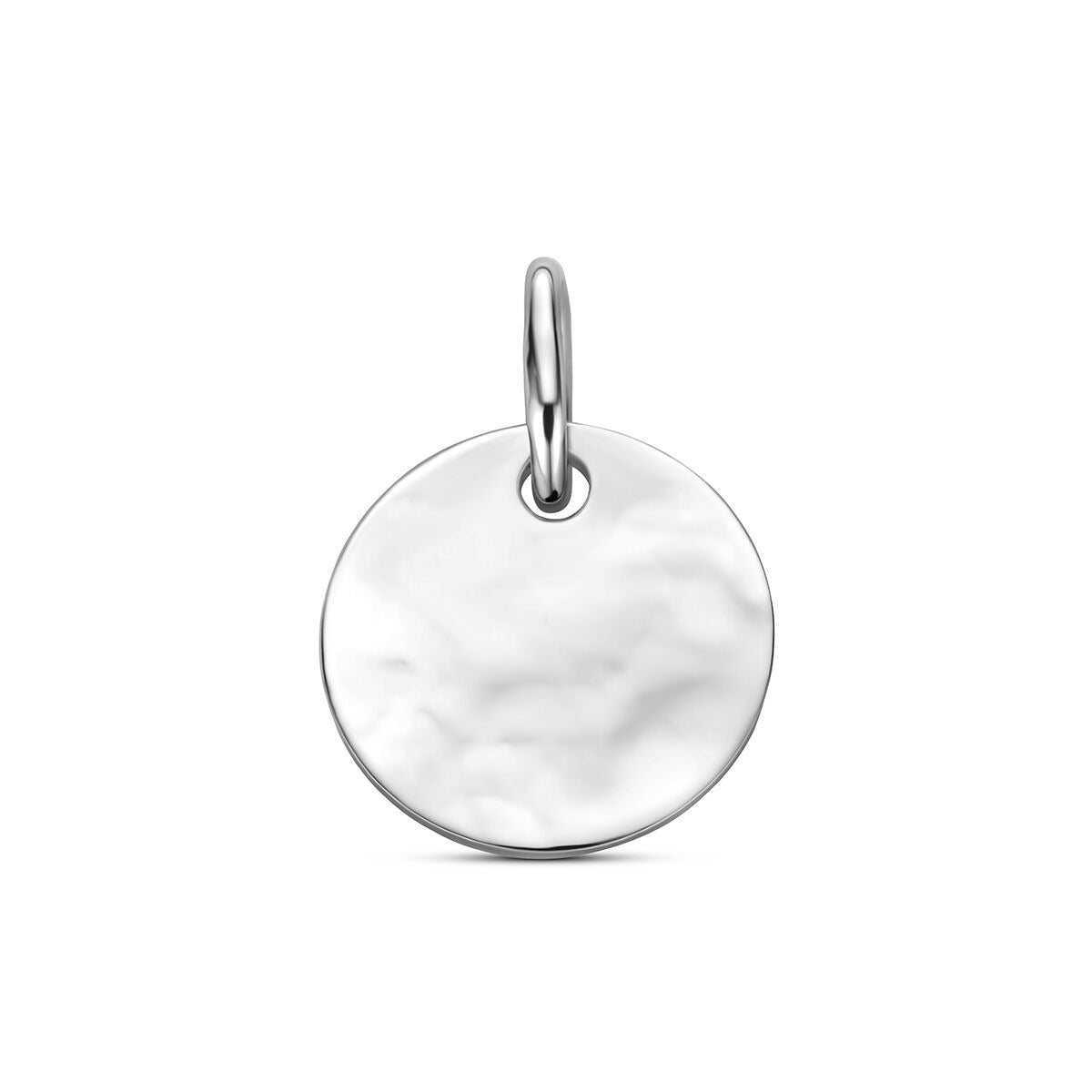 Ronde gerhodineerde zilveren graveerhanger met een glanzende, gladde afwerking.