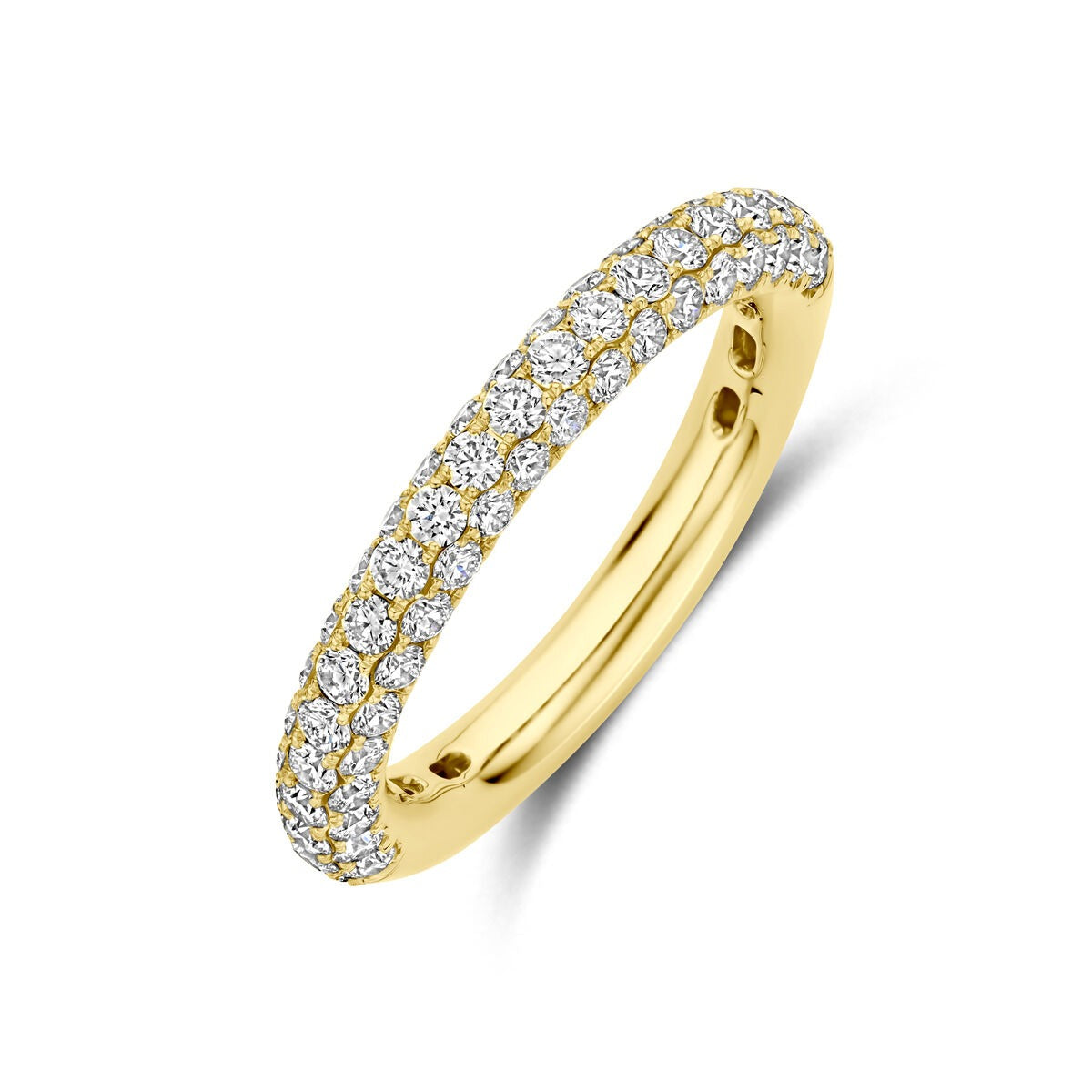 Geelgouden ring met een volle band van kleine diamanten, totaal 1.24ct.