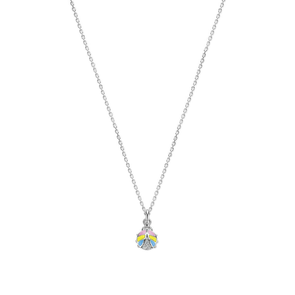 Zilveren gerhodineerde ketting met een kleurrijke hanger in de vorm van een schelp.