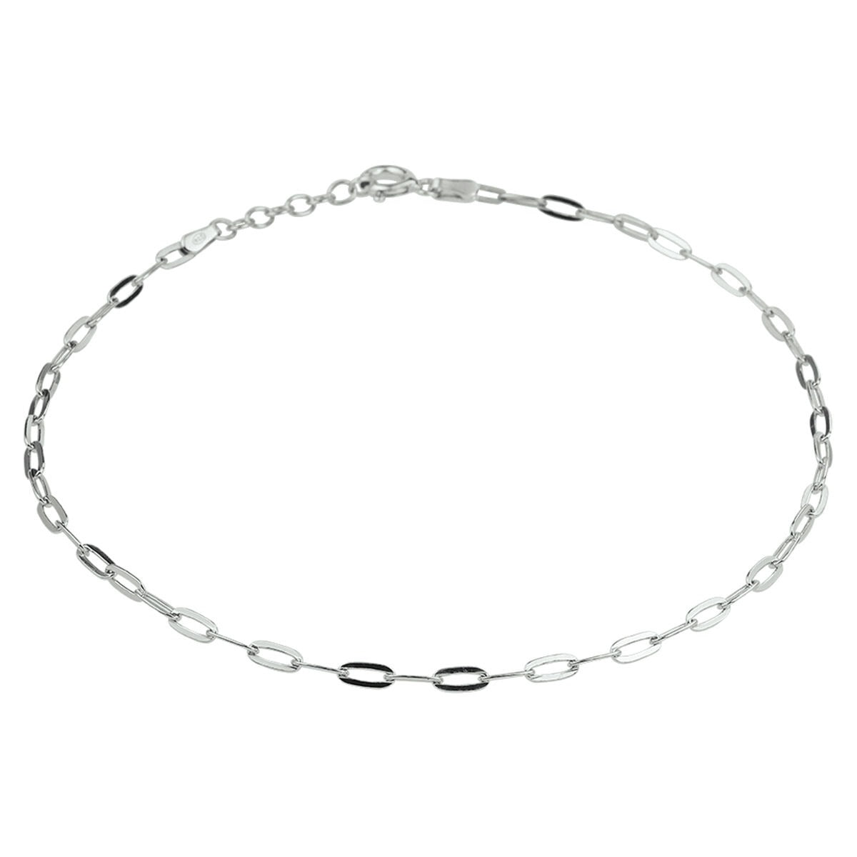 Zilveren enkelbandje met paperclip schakels, gerhodineerd 925 zilver, met een glanzende afwerking.