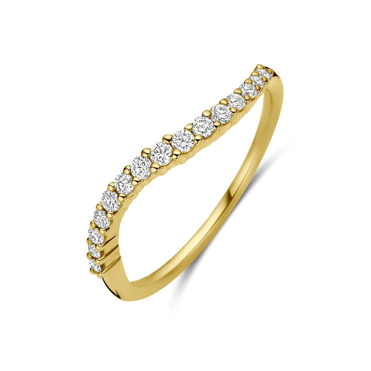 Geelgouden alliance ring met een golvende lijn van diamanten, totaal 0,21 ct.