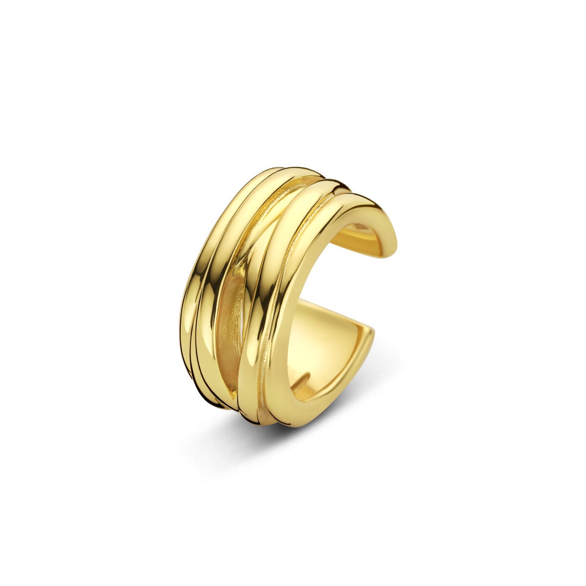 Verguld zilveren ear cuff met drie gedraaide banden in glanzend goudkleur.