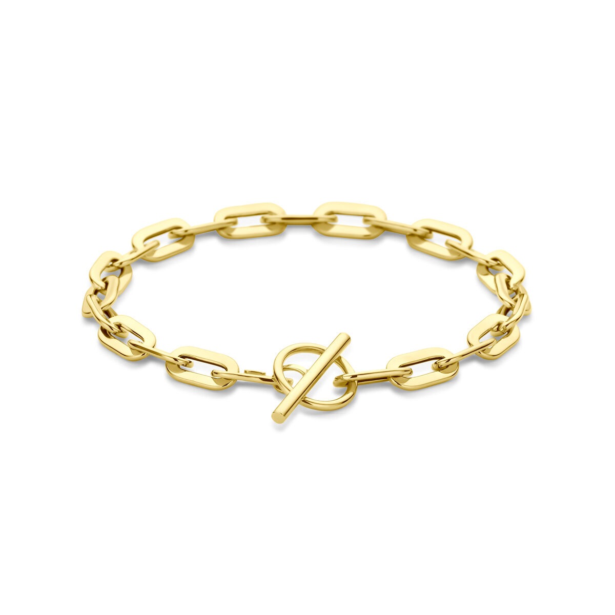 Gouden dames armband van 14k met anker schakels en een kapittelslot, breedte 5,5 mm en lengte 19 cm.
