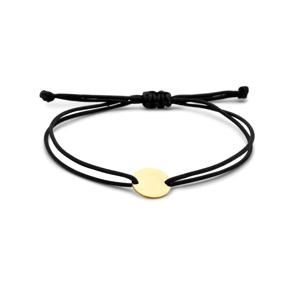 Geelgouden graveerarmband met een ronde schijf en zwart polyester koord.