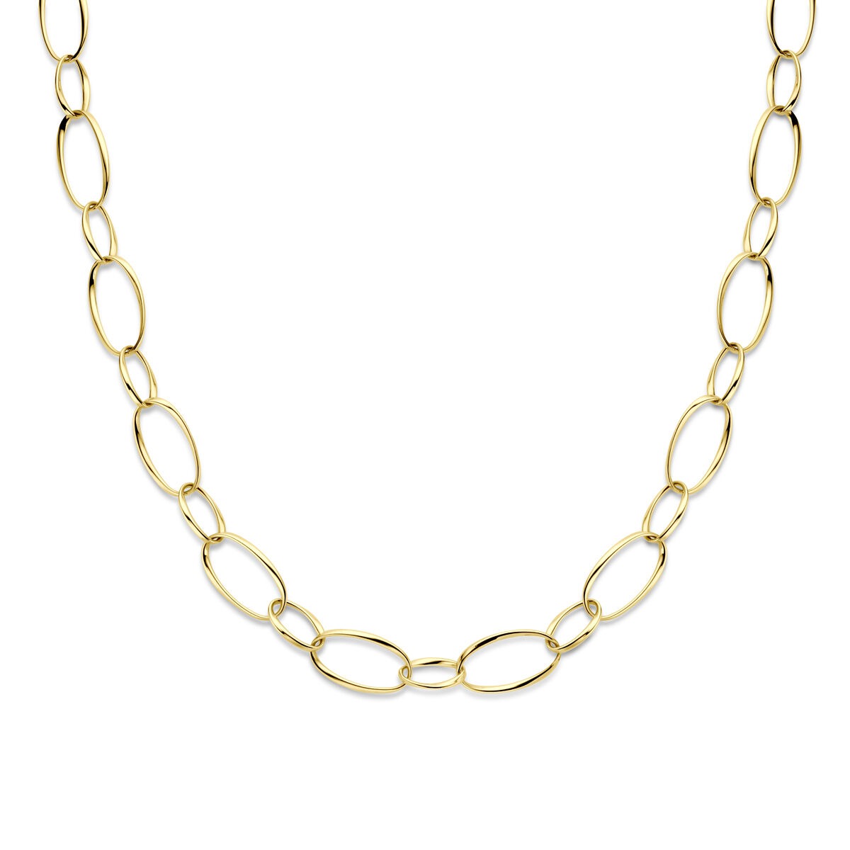 Geelgouden damesketting met grove draadschakels in een schakelpatroon.
