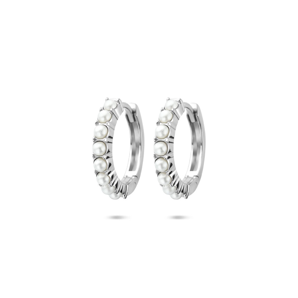 Gerhodineerde zilveren klapoorringen met zes parels, 15 x 3 mm.