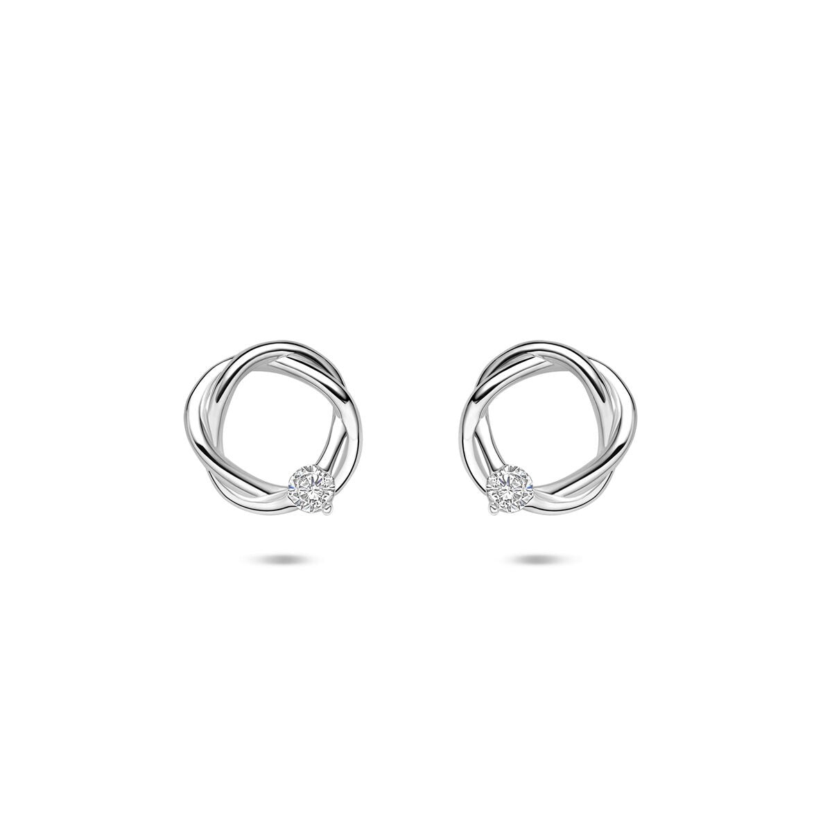 Gerhodineerde 925 zilveren oorknoppen met een gedraaid ontwerp en een zirkonia steentje, Ø 10 mm.