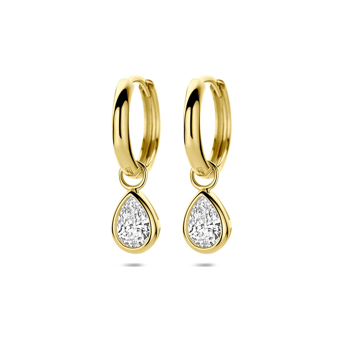 Geelgouden oorringen met peervormige zirkonia hangers.