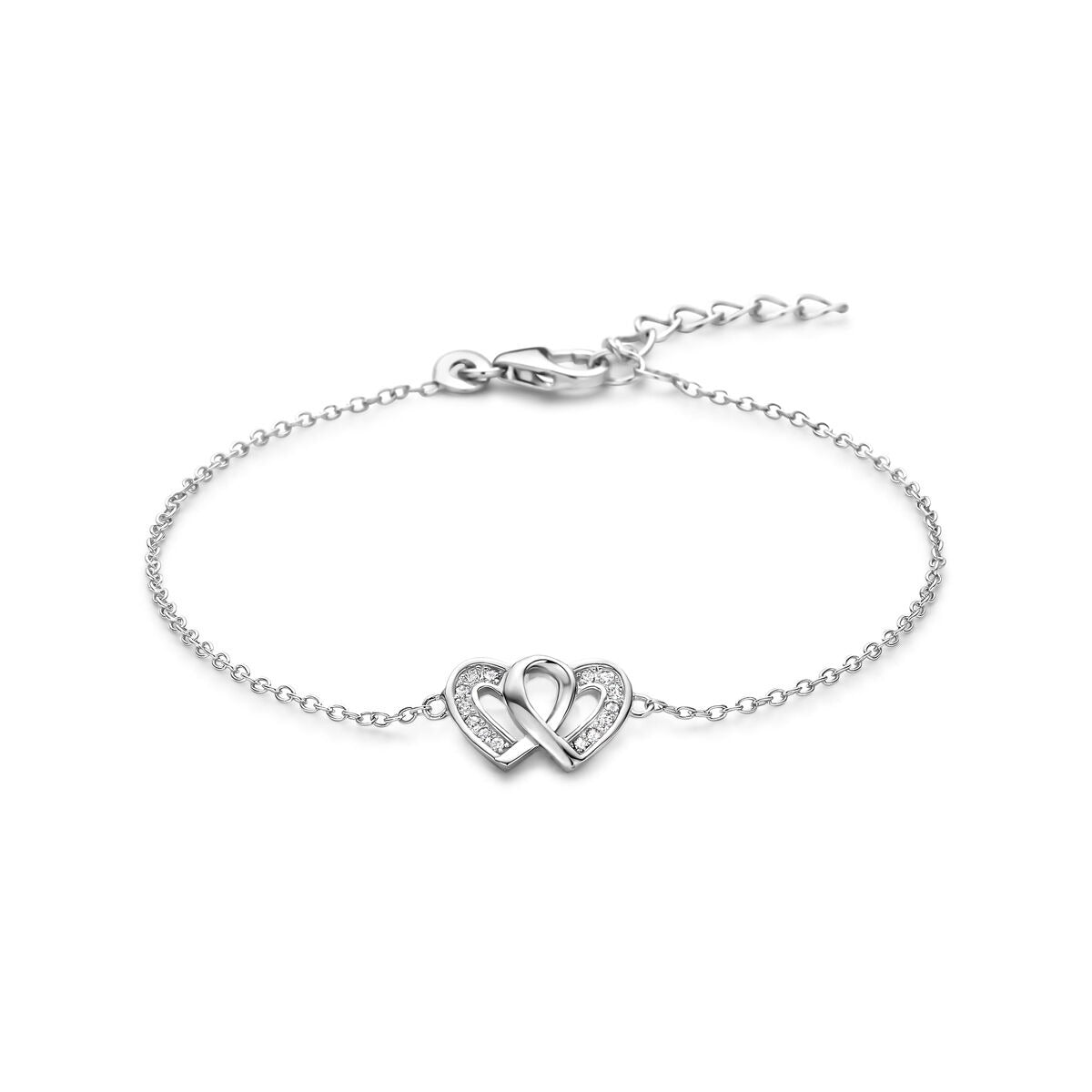 Zilveren armband van gerhodineerd 925 zilver met twee hartjes en zirkonia-steentjes.