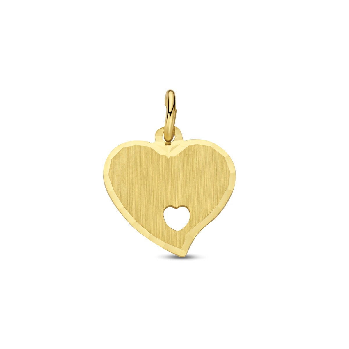 Geelgouden hart hanger met een klein hartje uitgesneden, geschikt voor graveren.