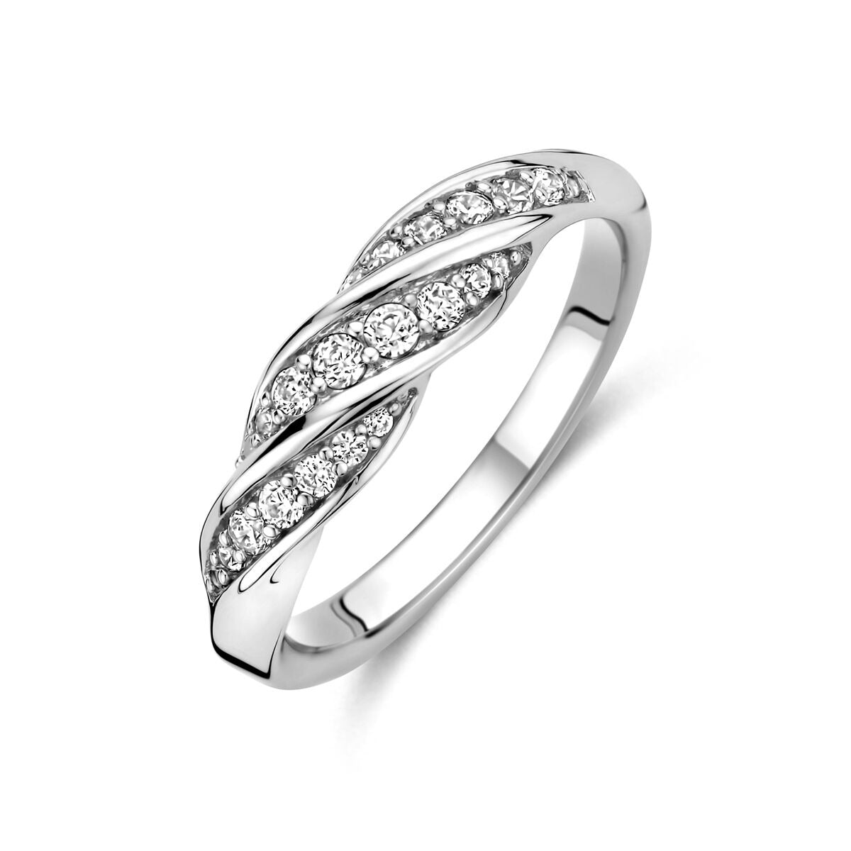 Gerhodineerde zilveren ring van 5 mm met een golvende vorm en ingelegde zirkonia-steentjes.