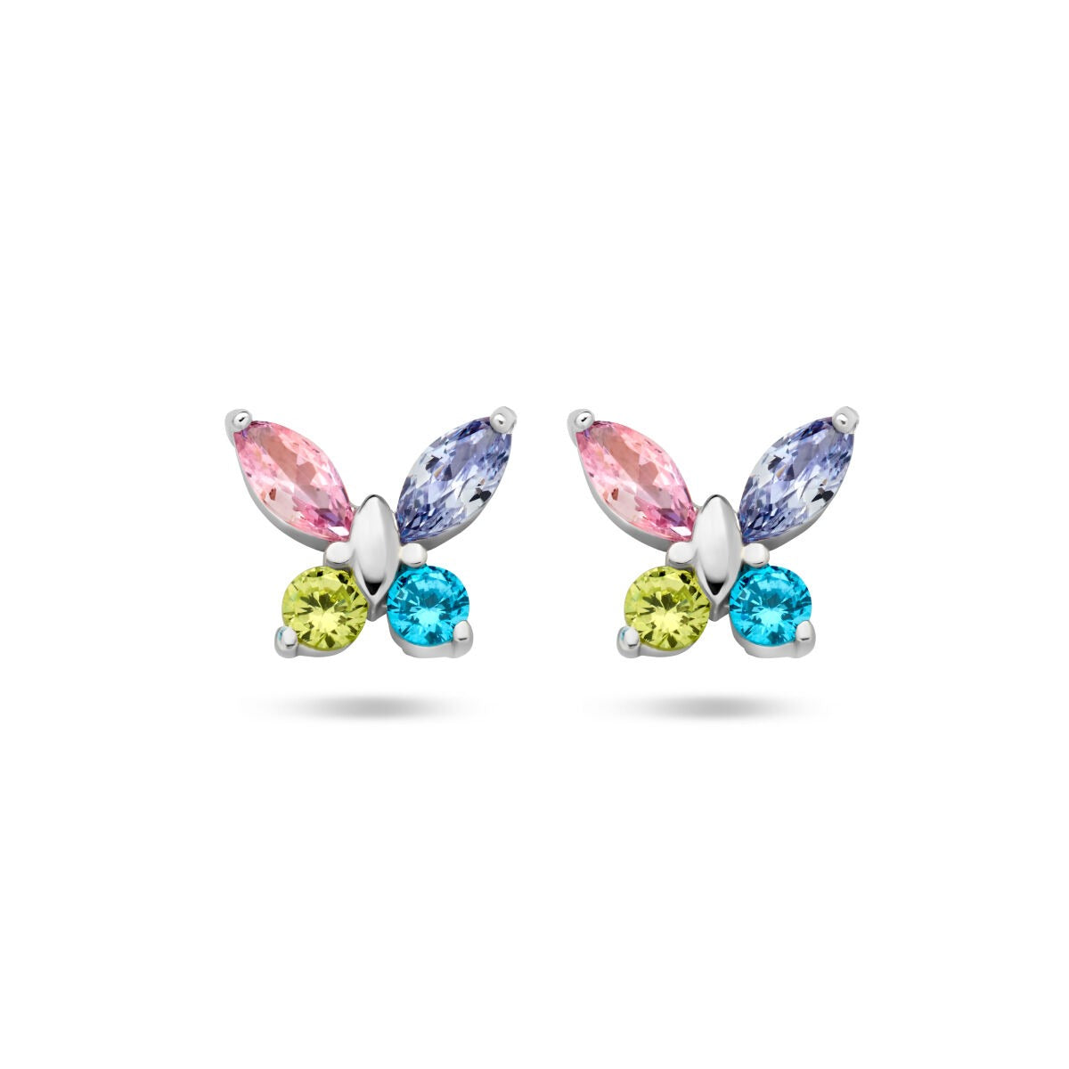 Zilveren vlinder oorknoppen met roze, paarse, groene en blauwe zirkonia.