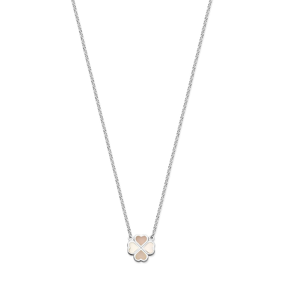 Zilveren klaver ketting met een hanger in roze en wit parelmoer, gerhodineerd.