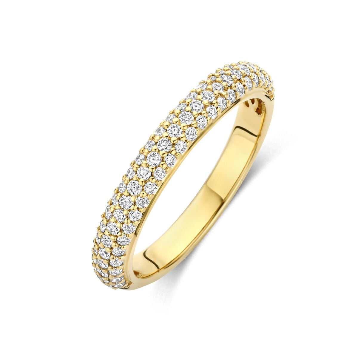 Geelgouden ring met een rij van kleine lab-grown diamanten van 0.48 ct, gladde binnenkant en glanzende afwerking.