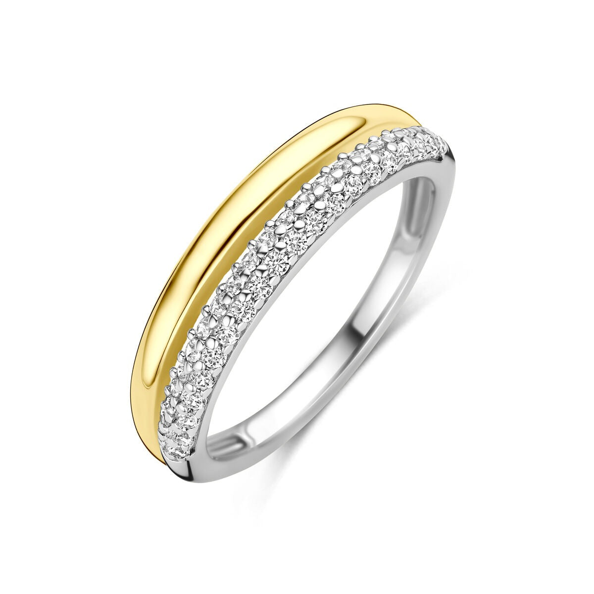 Verguld en gerhodineerd zilveren ring met een gladde gouden bovenkant en een rij zirkonia aan de zijkant.
