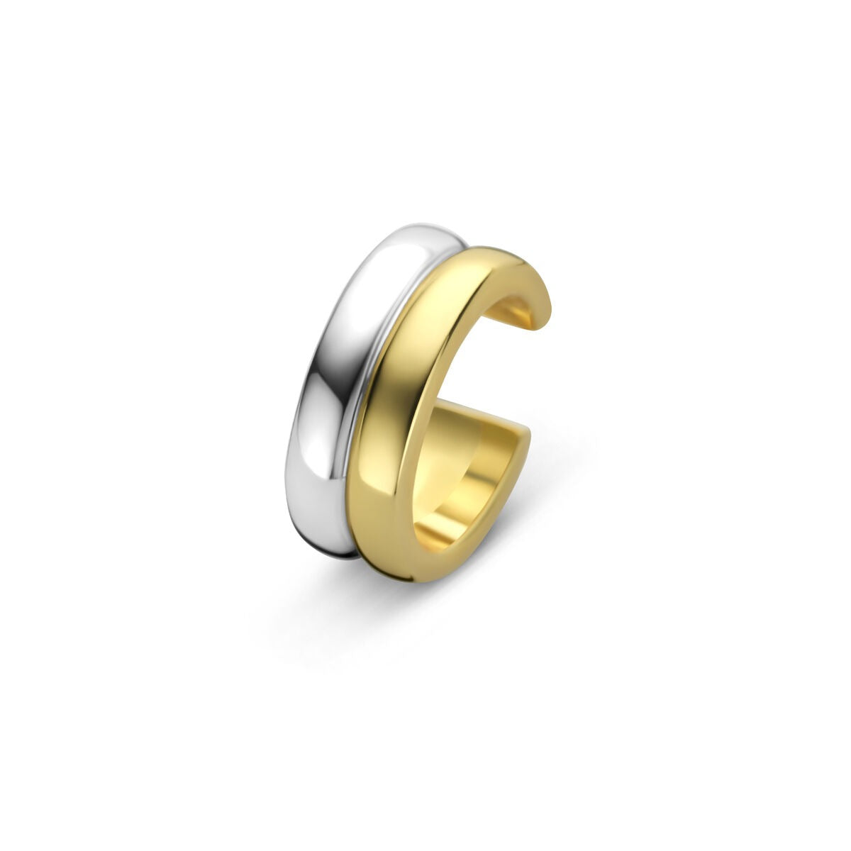 Vergulde en gerhodineerde ear cuff in bicolor, gemaakt van 925 zilver met een gladde afwerking.