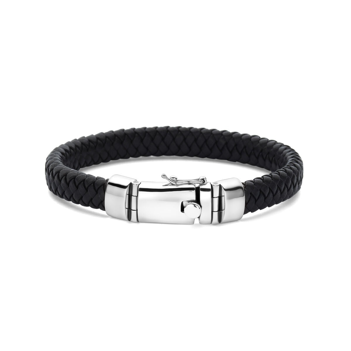 Gerhodineerde zilveren heren armband met zwart leren vlecht en een stevige sluiting.