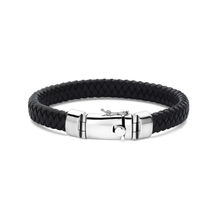 Gerhodineerd zilveren heren armband met zwart leer – 8,5 mm breed
