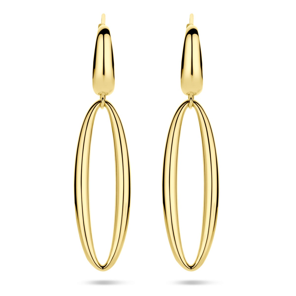Gouden oorhangers van 14k geelgoud, 42 mm lang met een dubbele ovale vorm.