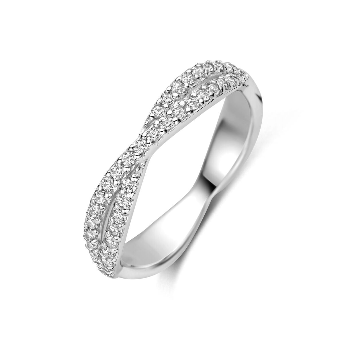 Gerhodineerde 925 zilveren ring met een golvende vorm, bezet met sprankelende zirkonia-steentjes.