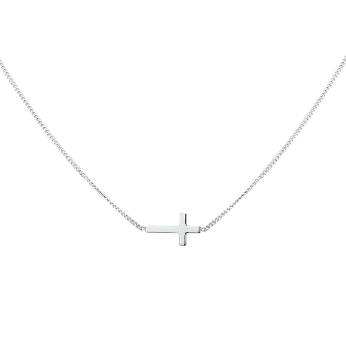 Zilveren gerhodineerde ankerketting met een eenvoudig kruisje als hanger.